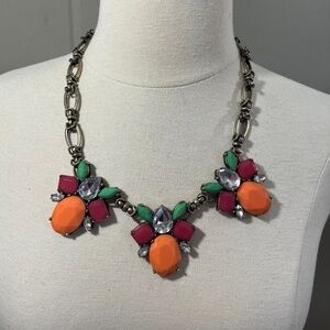 J Crew Floral Necklace 21" Orange Classic Boho Rhinestone Retro Preppy Retro